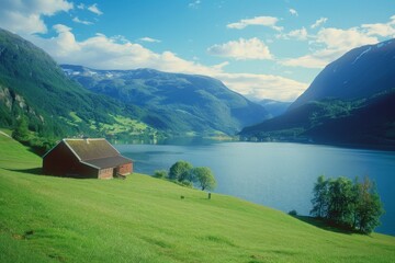 Old church in a field under a cloudy sky - film photo. Beautiful simple AI generated image in 4K, unique.