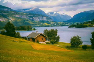 Landscape with an old village house standing in a field with autumn-yellowed grasses against a cloudy sky. Rural area.. Beautiful simple AI generated image in 4K, unique.