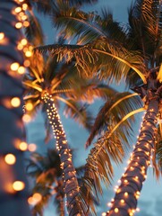 Palm tree decorated with Christmas lights, ideal for holiday decorations or winter scenes