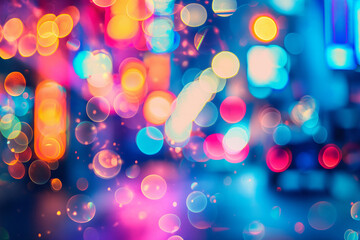 Blurred City Lights at Night with Vibrant Bokeh Effect, Capturing Urban Nightlife and Excitement. Generative AI