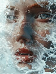 Fototapeta premium Close-up shot of a woman's face with water droplets or tears, suitable for use in emotional or introspective scenes