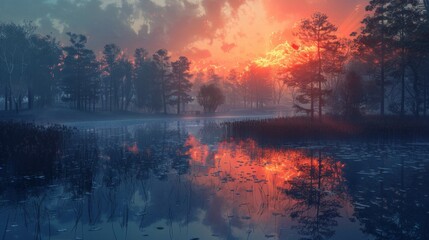 Forest Lake at Sunset.