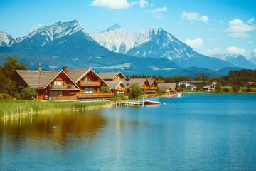 Fototapeta premium Landscape with an old village house standing in a field with autumn-yellowed grasses against a cloudy sky. Rural area.. Beautiful simple AI generated image in 4K, unique.