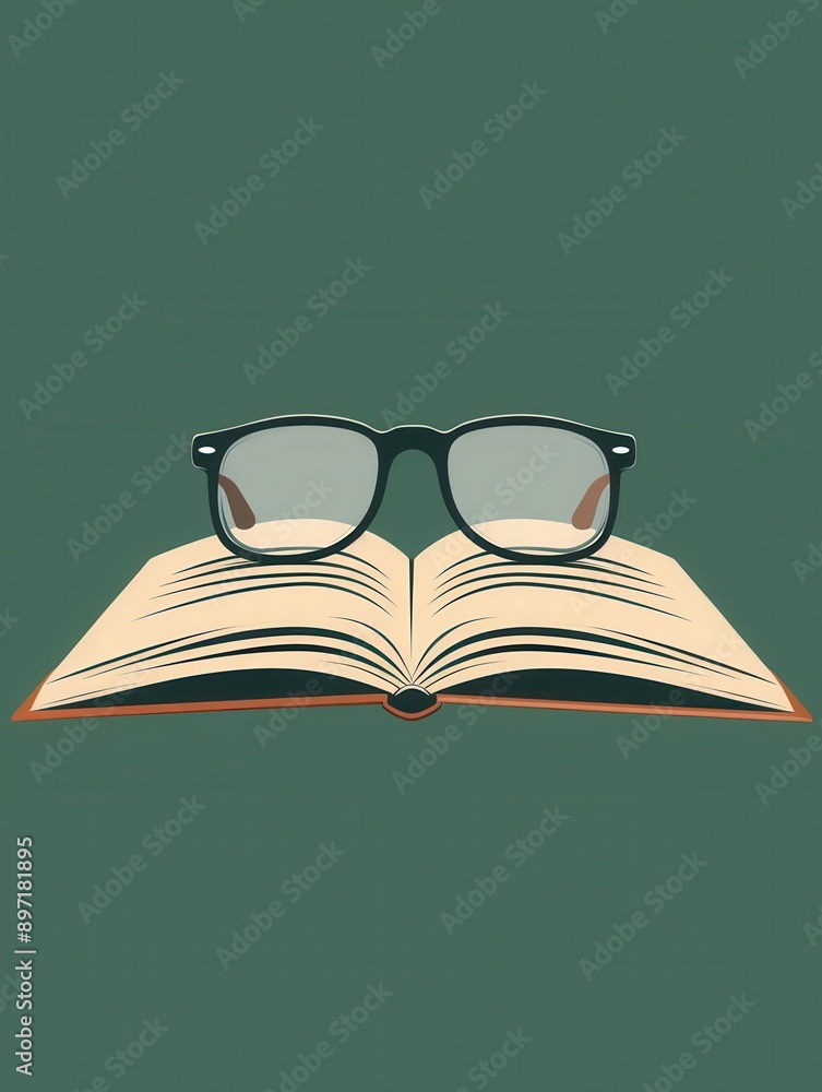 Poster A minimalist image of an open book with eyeglasses resting on top of it, against a solid green background. Generative AI