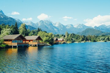 Fototapeta premium Landscape with an old village house standing in a field with autumn-yellowed grasses against a cloudy sky. Rural area.. Beautiful simple AI generated image in 4K, unique.