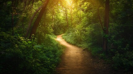 3 Lush green forest with sunlight filtering through the leaves Pathway winding through the trees