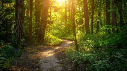 Obraz premium 3 Lush green forest with sunlight filtering through the leaves Pathway winding through the trees