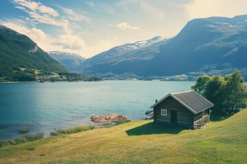 Old church in a field under a cloudy sky - film photo. Beautiful simple AI generated image in 4K, unique.