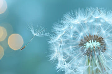 Dandelion puff with some seeds about to fly away, high detail, concept of fragility and transformation, soft background blur. Generative AI