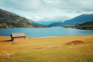Landscape with an old village house standing in a field with autumn-yellowed grasses against a cloudy sky. Rural area.. Beautiful simple AI generated image in 4K, unique.