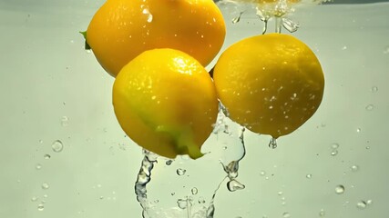 lemon dipped in water with splashes around. Refreshing drinks and recipes concept, dietary products