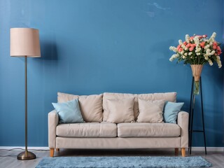 Interior of living room with comfortable sofa, floor lamp and table with flowers near blue wall