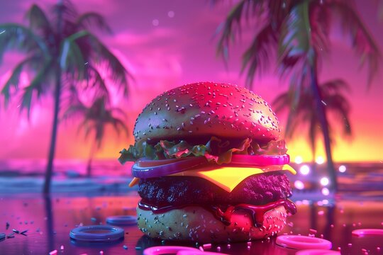 3d illustration of a delicious burger with a tropical beach sunset background - Powered by Adobe
