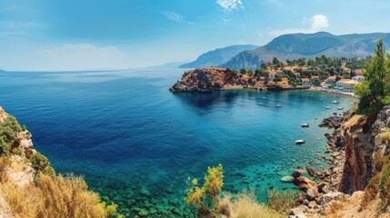 Naklejka premium A panoramic view of the stunning coastline and clear waters of the Greek islands.