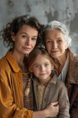 Fototapeta premium Woman and child with older woman, portraying family bond. Clothing reflects traditional attire.