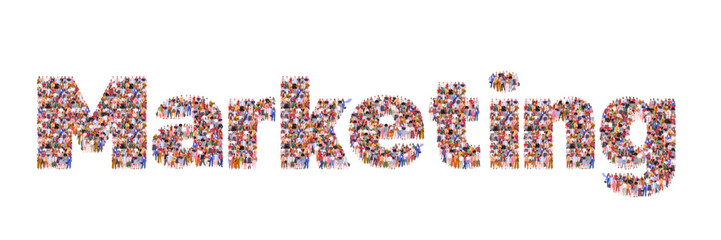 Large group of people forming word Marketing. Concept of professional occupation, business, ad. Advertisement, marketing, business communication concept. People standing together. Flat vector 