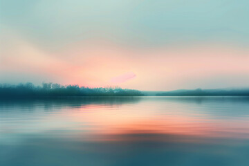 Obraz premium Blurred Sunset Over a Calm Lake, Capturing Soft Colors and Serene Atmosphere, Concept of Tranquility and Beauty. Generative AI