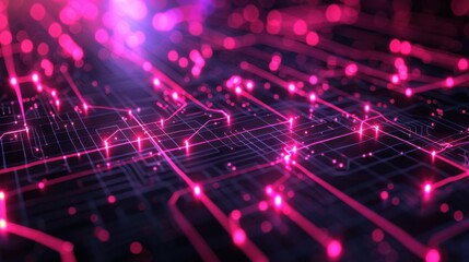 Fototapeta premium World connectivity network, jet black backdrop, holographic magenta lines, glowing nodes, advanced and innovative.