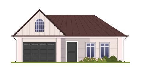  House exterior architecture. Real estate, property. One-storey architecture, outdoor view. Home building facad with garage, shrubs and flowers. Flat vector illustration isolated on white background.