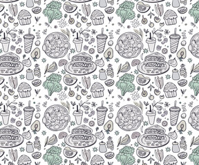 Cute little food doodles, seamless pattern for fabric, textiles, clothing, wrapping paper, cover, banner, home decor, abstract backgrounds, vector illustration