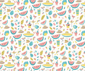 Cute little summer items, seamless pattern for fabric, textiles, clothing, wrapping paper, cover, banner, home decor, abstract backgrounds, vector illustration