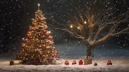 Snowy xmas tree with lights on widescreen background for holiday borders and winter art design