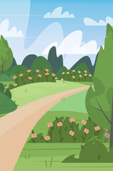 Obraz premium Valley, green garden, natural landscape. Travel, tourism. Web banner, Poster, Card, Book cover. Trendy flat design. Vector illustrations. Vertical