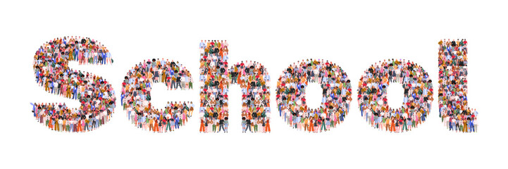 Large group of people forming word School. Education, knowledge concept. People standing together. Flat vector illustration isolated on white background.
