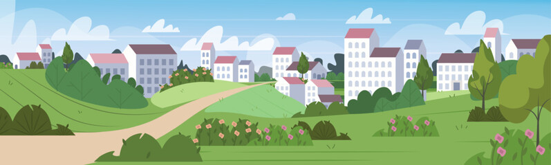Fototapeta premium Cityscape in simple minimal geometric flat style. Horizontal spring summer landscape with buildings, house, trees, flowers, hill, field. Cityscape panorama.