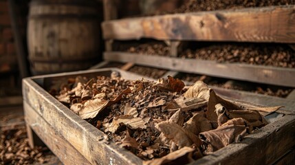 Tobacco leaves in container premium quality for cigars rustic wooden setting