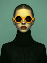 A striking portrait of a bald woman wearing round yellow glasses and a black turtleneck, against a green background. The image exudes surrealism and modernity.