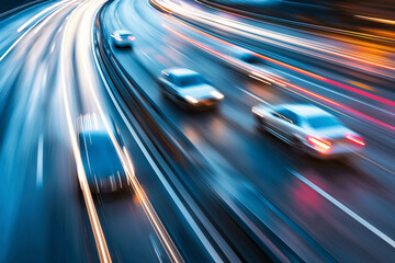 Blurred Cars Speeding on Highway at Dusk with Light Trails, Capturing the Essence of Speed and Modern Transportation. Generative AI