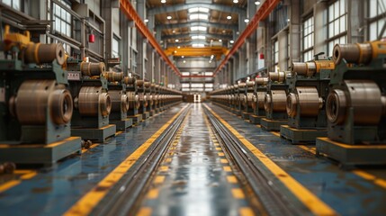 Industrial Factory Interior With Rows of Metal Rolling Machines