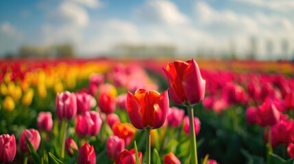 Fototapeta premium A stunning view of the vibrant tulip fields in the Netherlands.