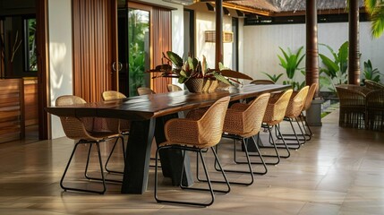 Modern black walnut dining table with black metal legs and wicker chairs in contemporary dining room