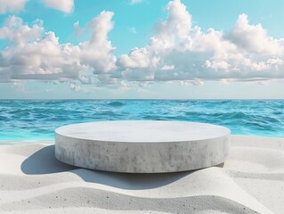 Obraz premium A table and chair sitting on the sand near the ocean