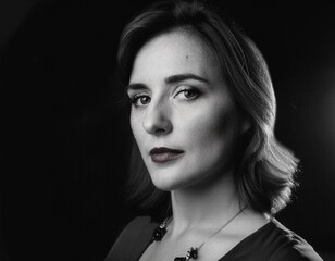 Obraz premium Elegant Film Noir Headshot of a Woman: Timeless Vintage Portrait with Dramatic Lighting and Shadows