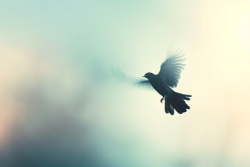 Fototapeta premium Blurred image of a bird in mid-flight against a bright sky, capturing the motion and freedom, concept of nature and movement. Generative AI