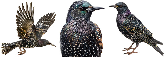 Obraz premium Collection of a European Starling on Transparent Background for Nature and Wildlife Themes, Flying Bird, Portrait and Standing