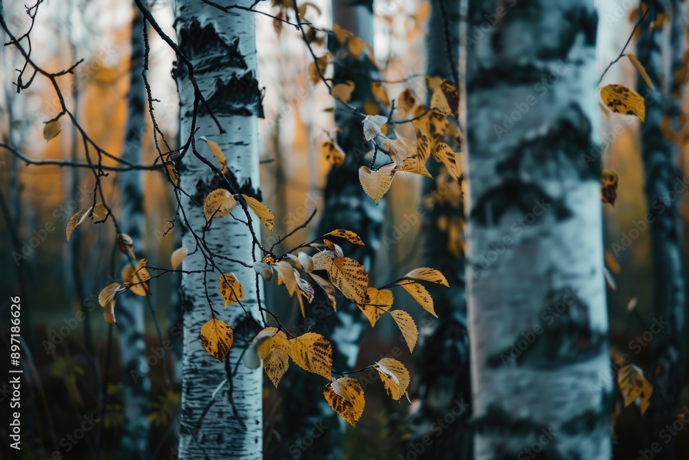 Poster a forest scene with birch trees and autumn leaves in the background, emphasizing the colors of fall.