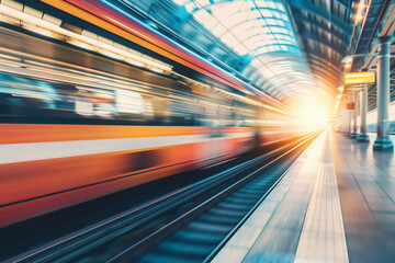 Blurred Image of Speeding Train Passing Through Station, Capturing Motion and Energy, Concept of Travel and Progress. Generative AI