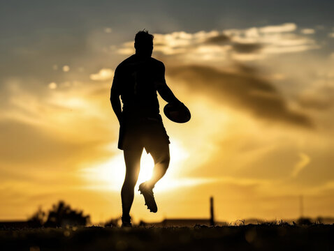 Rugby player silhouette at sunset