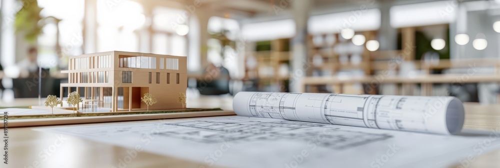Poster architectural model with rolled blueprints on a desk in a bright office. modern architecture and con