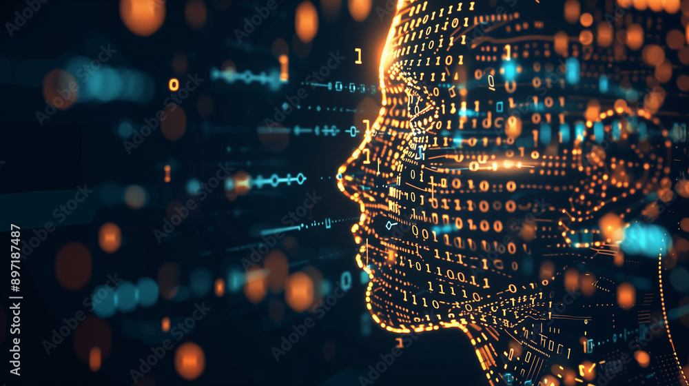 Poster a computer generated face with a blue background. the face is made up of many small dots and lines