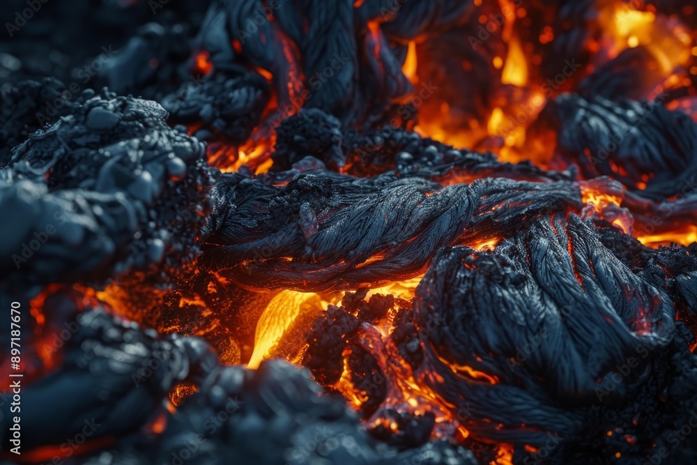 Poster molten lava is flowing from an erupting volcano, creating new igneous rock as it cools