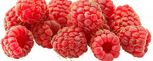 A close-up top-down view of a group of raspberries, highlighting their detailed texture and vivid red color, set against a transparent background.
