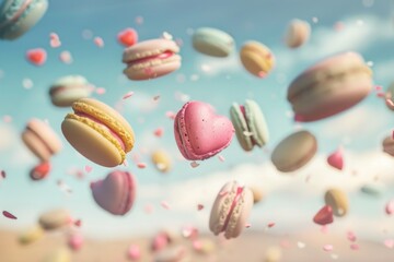 Obraz premium Pastel macarons dropping from a jar, creating a sweet, vibrant spectacle against a blue sky backdrop.