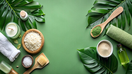 Natural, organic spa cosmetics in a leafy green set. Mockup of a banner for a spa or eco-store. Top view of green backdrop herbal skincare and beauty goods. minimalism flat lay design