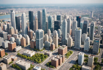  Tilt-shift photography applied to a city skyline creating a miniature world illusion. 