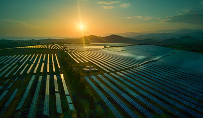 Solar panels in field at sunset with mountains in background. Generative AI